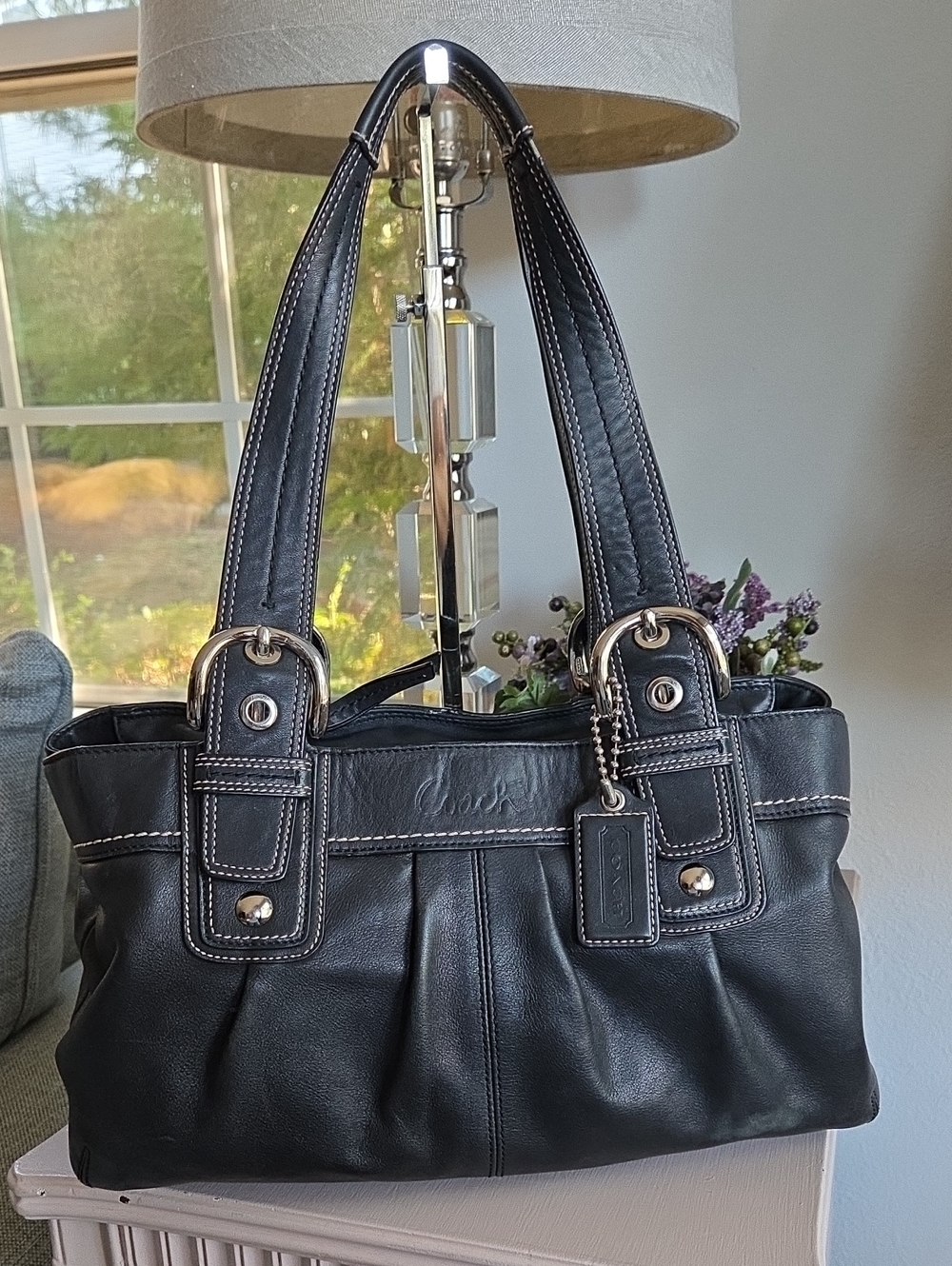 COACH Black Leather SOHO Shoulder Bag with Double Straps and Silver Hardware